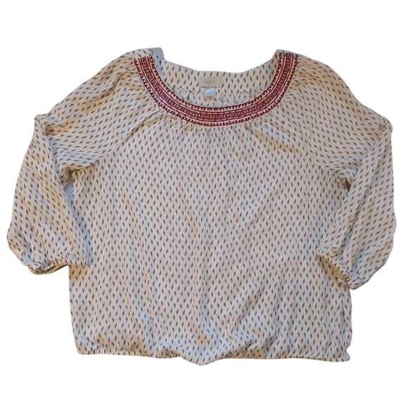 Ann Taylor Loft Womens XL White & Brown Embroidered Peasant Top 3/4 Sleeves 100% - Picture 1 of 5